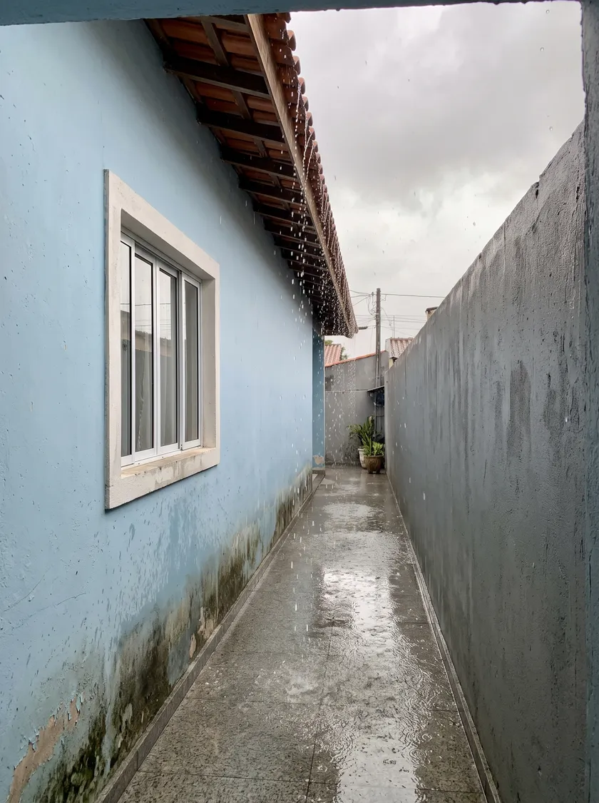 Ilustração: corredor lateral de uma casa sem calha na chuva, com a água caindo do telhado direto no piso e a parede azul manchada de umidade e bolor na parte de baixo
