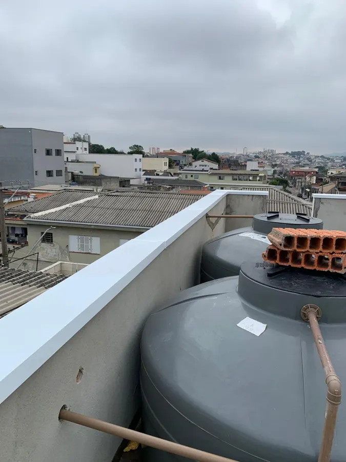 Rufo pingadeira branco no topo da platibanda, ao lado das caixas d’água